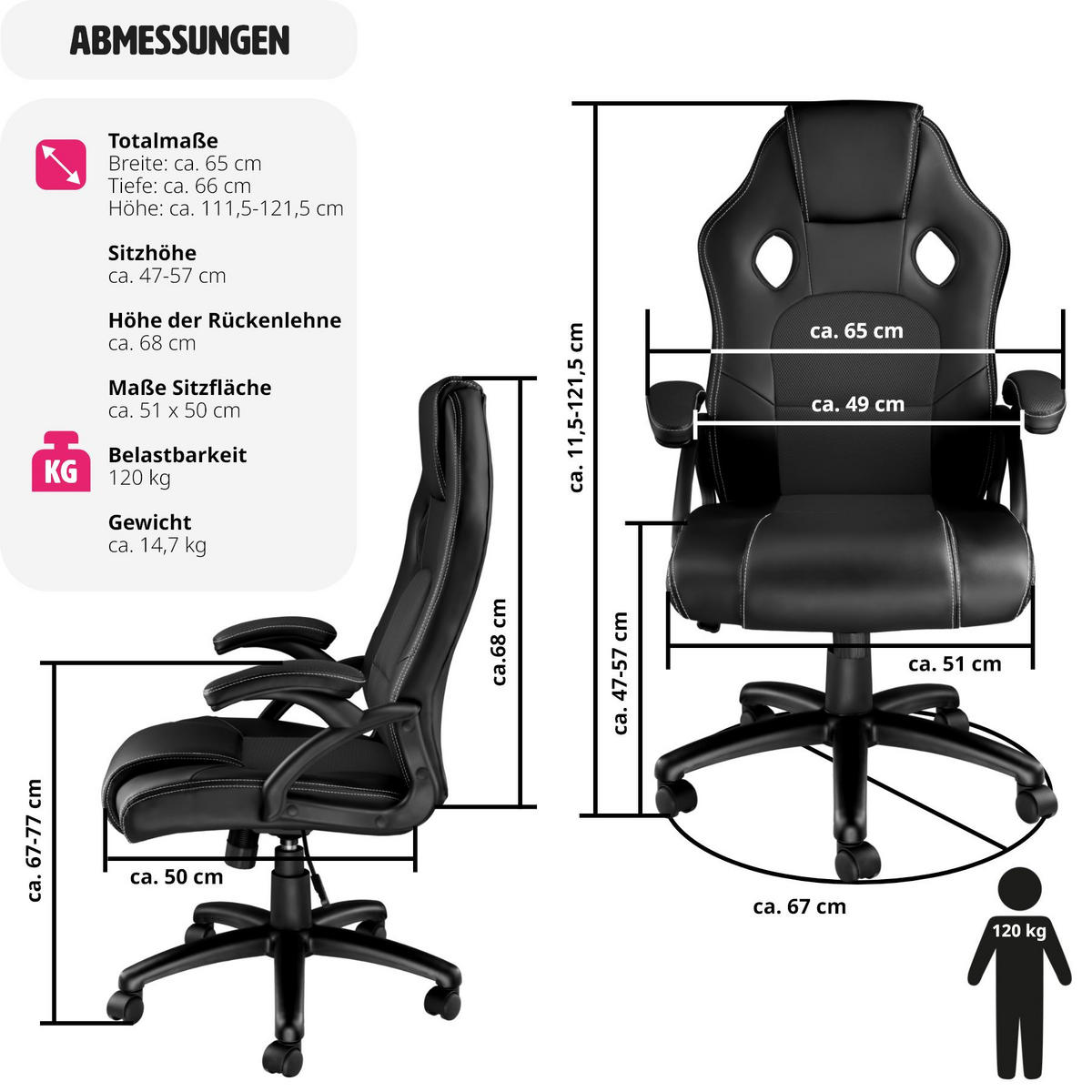 BÜROSTUHL Tyson,Belastbarkeit 120 kg,schwarz - Schwarz, Textil (65/121.5/66cm) - tectake