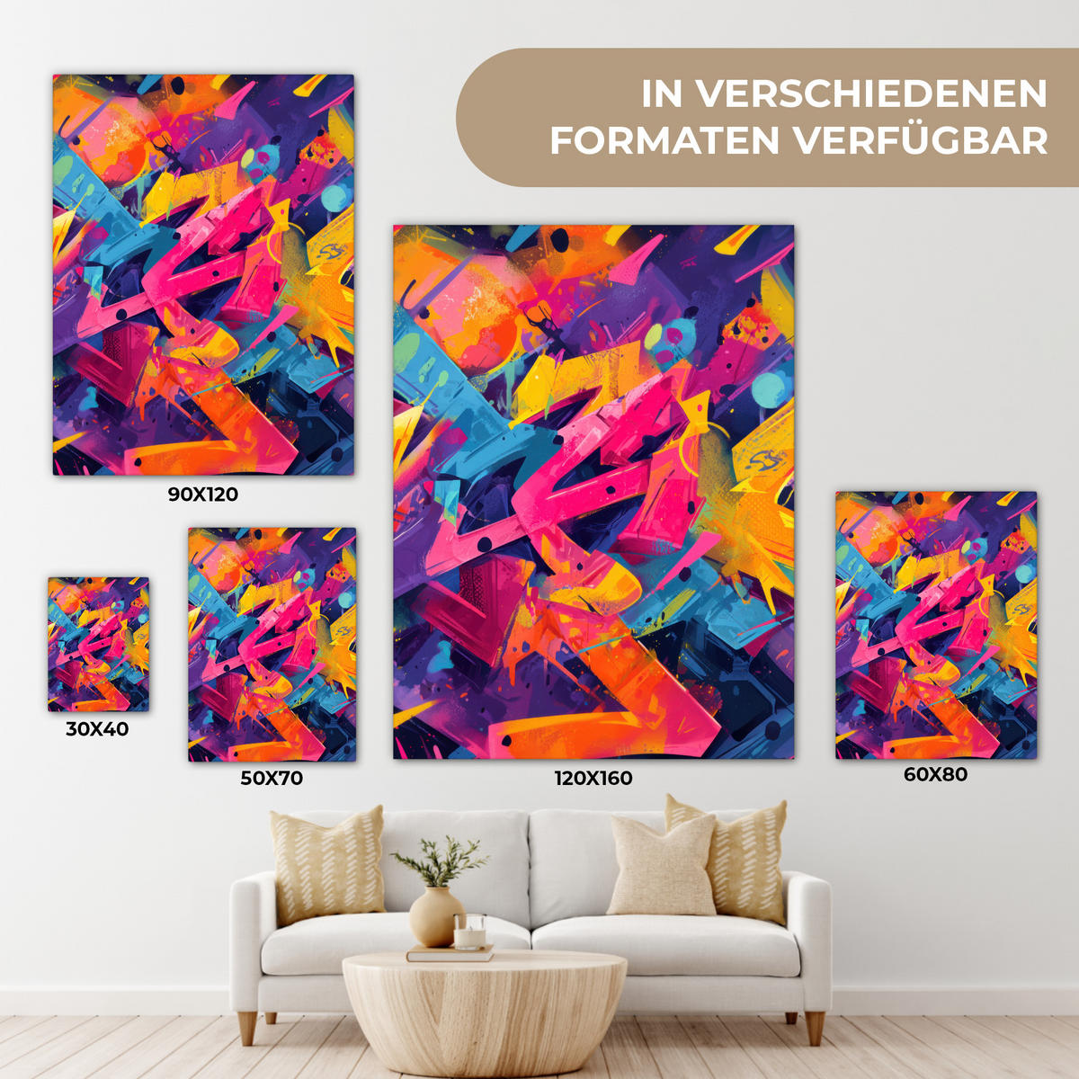 LEINWANDBILD Abstrakt - Formen - Farbenfroh Wandbild Wohnzimmer 60x80 cm - Magenta, Textil (60/80cm) - MuchoWow