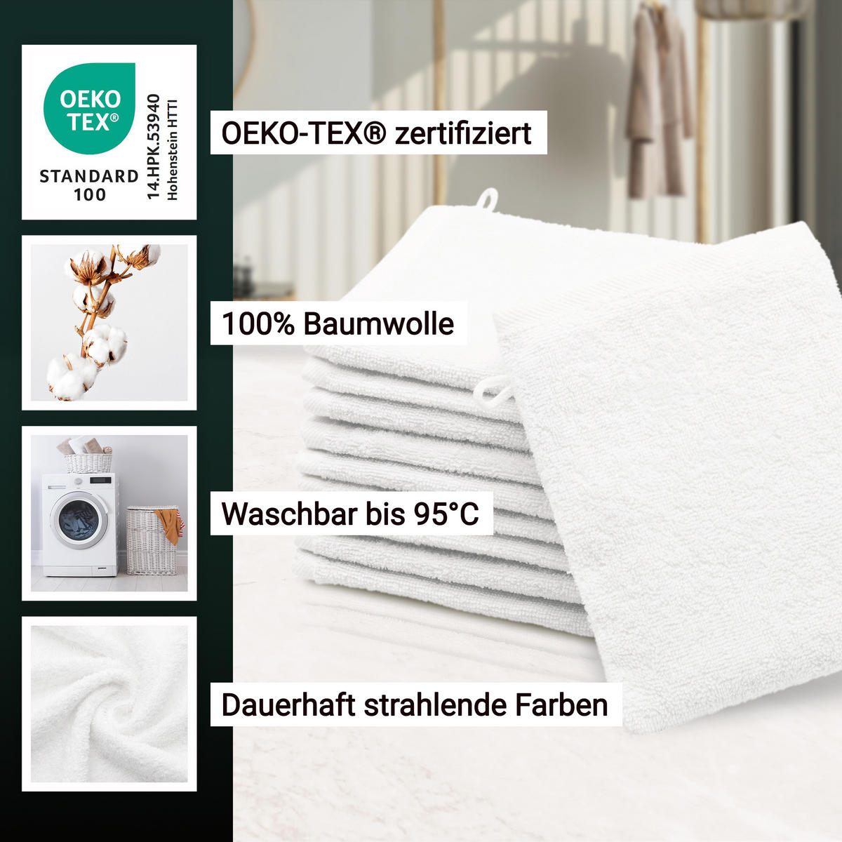 WASCHHANDSCHUH, 10er-Set, 16x21 cm, 100% Baumwolle, Weiß - Weiß, Textil (16/21cm) - Zollner