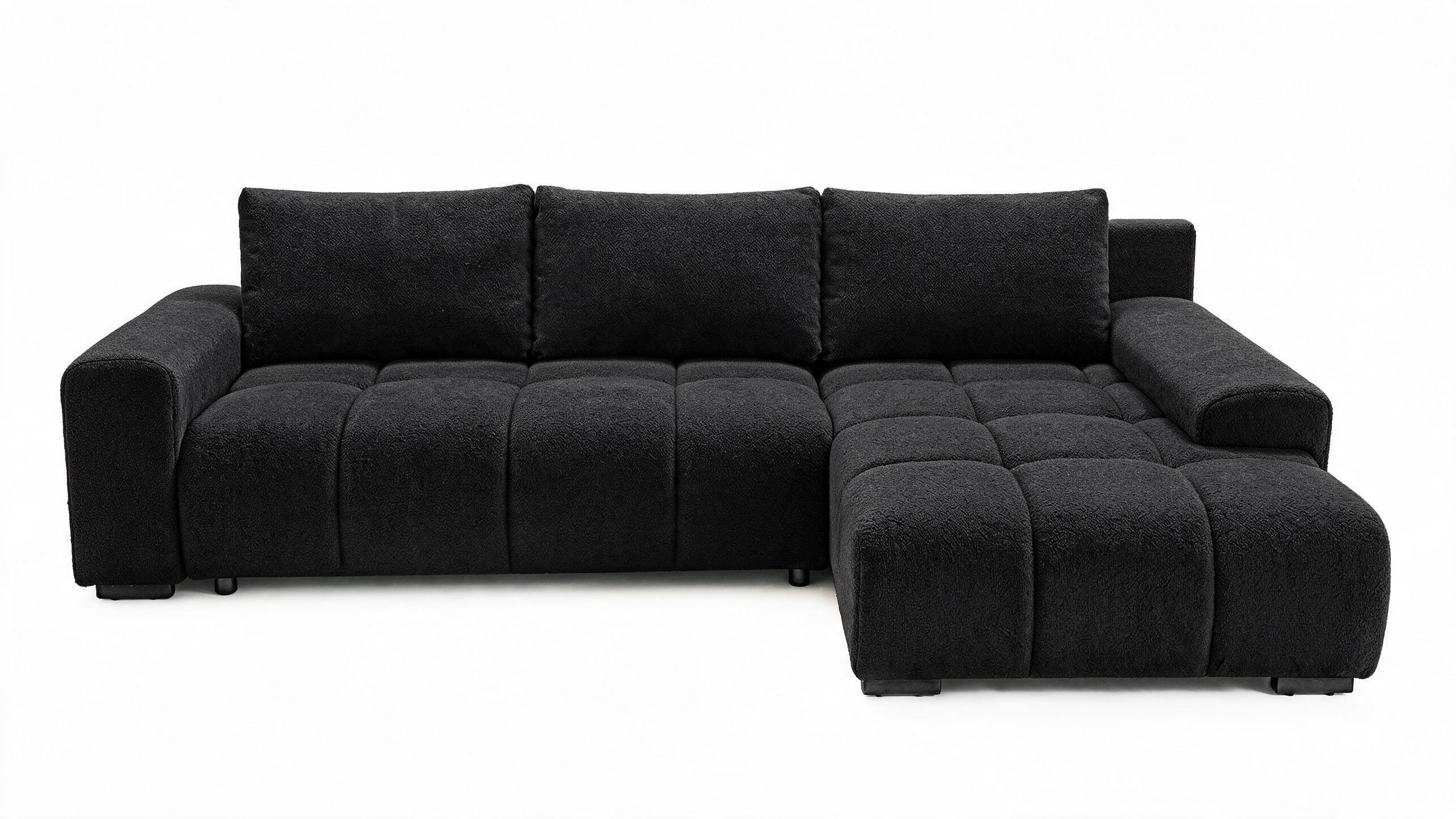 ECKSOFA Ovia mit Bettkasten und Schlaffunktion, Bouclé-Stoff in L-Form - Schwarz, Textil (270/185cm)