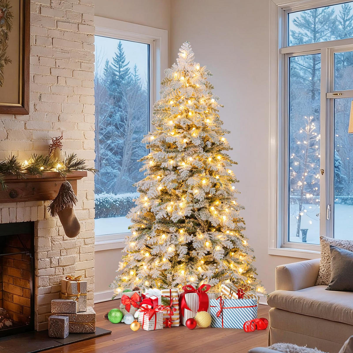 WEIHNACHTSBAUM mit 130 funkelnden Kugeln und Schnee 180 cm weiß - Weiß, Metall (180cm) - COSTWAY