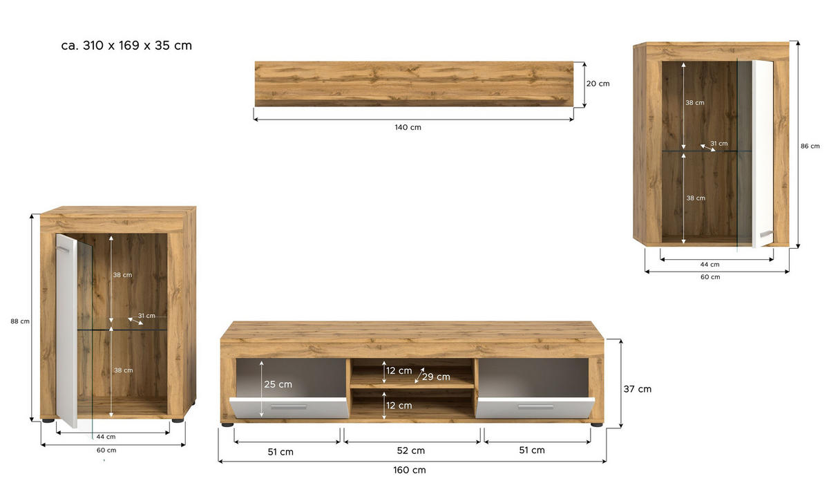 WOHNWAND Milo 4 tlg. (B/H/T: ca. 310/169/40 cm) in Wotan Eiche /weiß - Eiche Wotan, Holzwerkstoff (310/169/40cm)