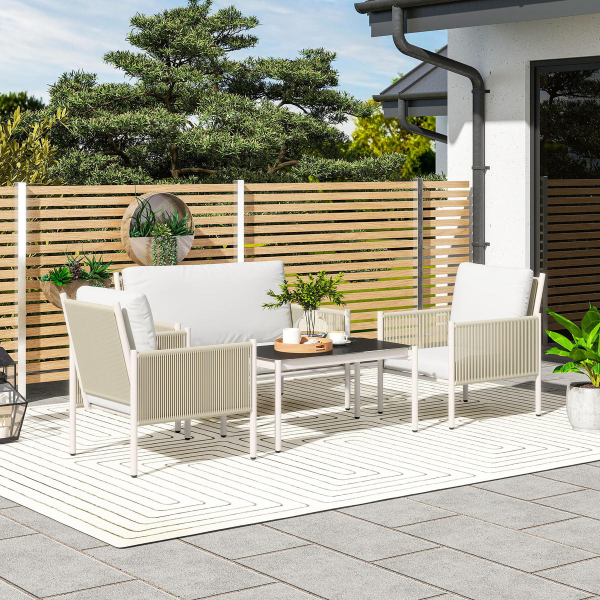 GARTENMÖBEL LOUNGE-SET DE-06736 4-teilig, mit Glastisch Braun/Grau - Hellgrau, Kunststoff/Metall - ComfortXL