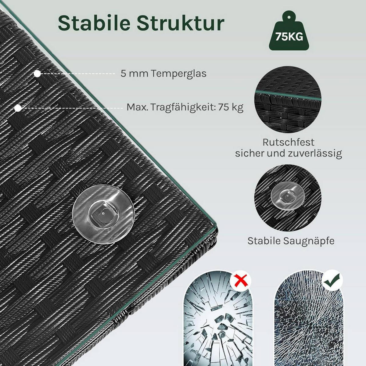 GARTENTISCH mit Glasplatte, klein, Schwarz - Schwarz, Glas/Kunststoff (50/50/45cm) - Woltu