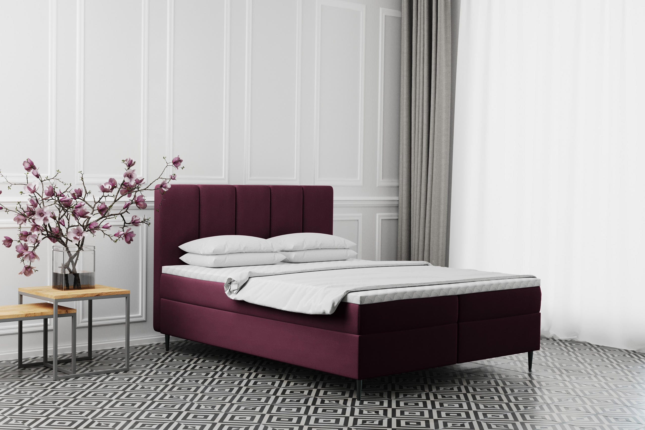 BOXBETT Mit Bettkasten Matratze ADEL Stoff Monolith Rotwein 200x200 cm H2-Pocket - Bordeaux, Holz/Textil (200/200cm) - Kaiser Möbel