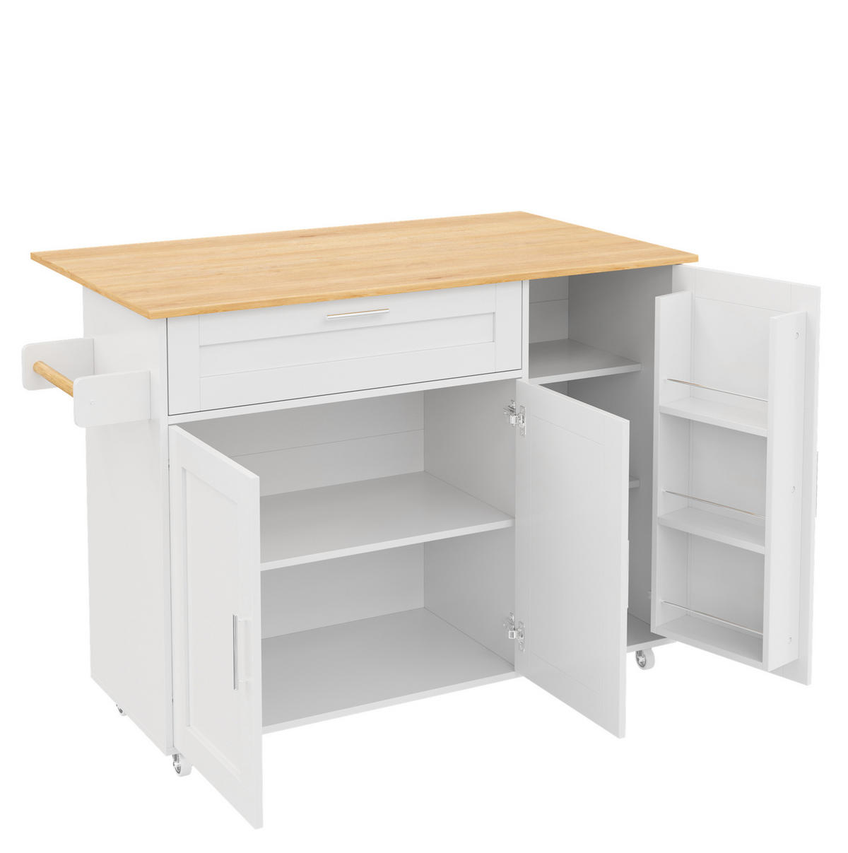 KÜCHENINSEL 132,5/44(70)/90 cm mit klappbarer Arbeitsplatte, viel Stauraum und 5 Rollen aus MDF, Weiß/Natur - Weiß, Holzwerkstoff (132.5/90/70cm) - Redom