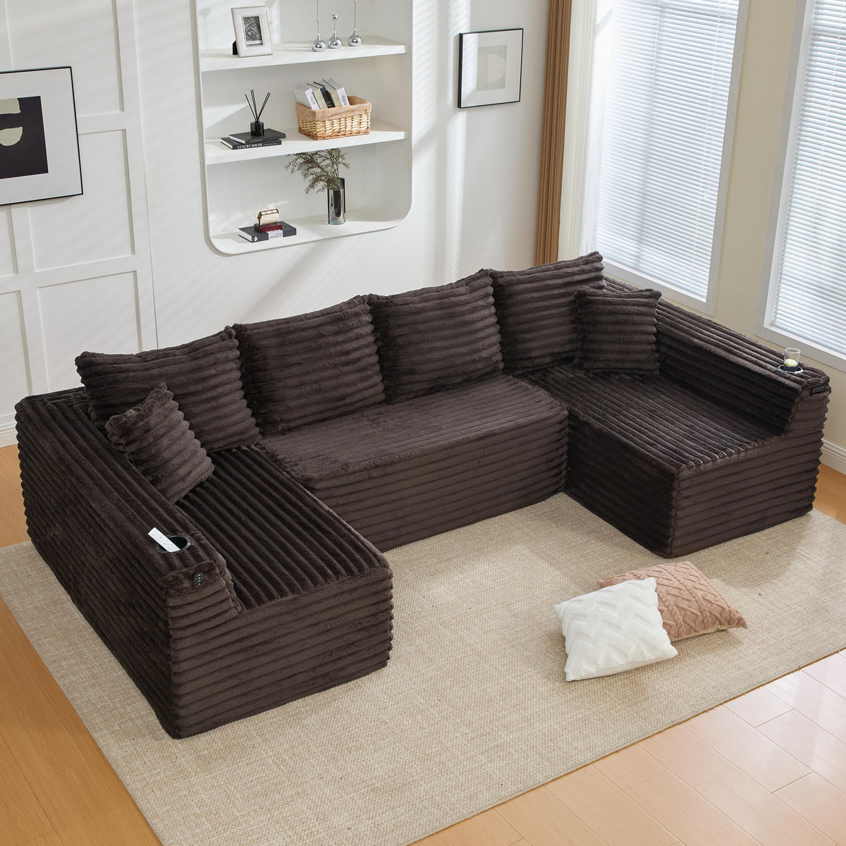 WOHNLANDSCHAFT 320/155/88 cm Braun mit Getränkehalter und Seitentasche - Braun, Textil (320/88/155cm) - Oxeza