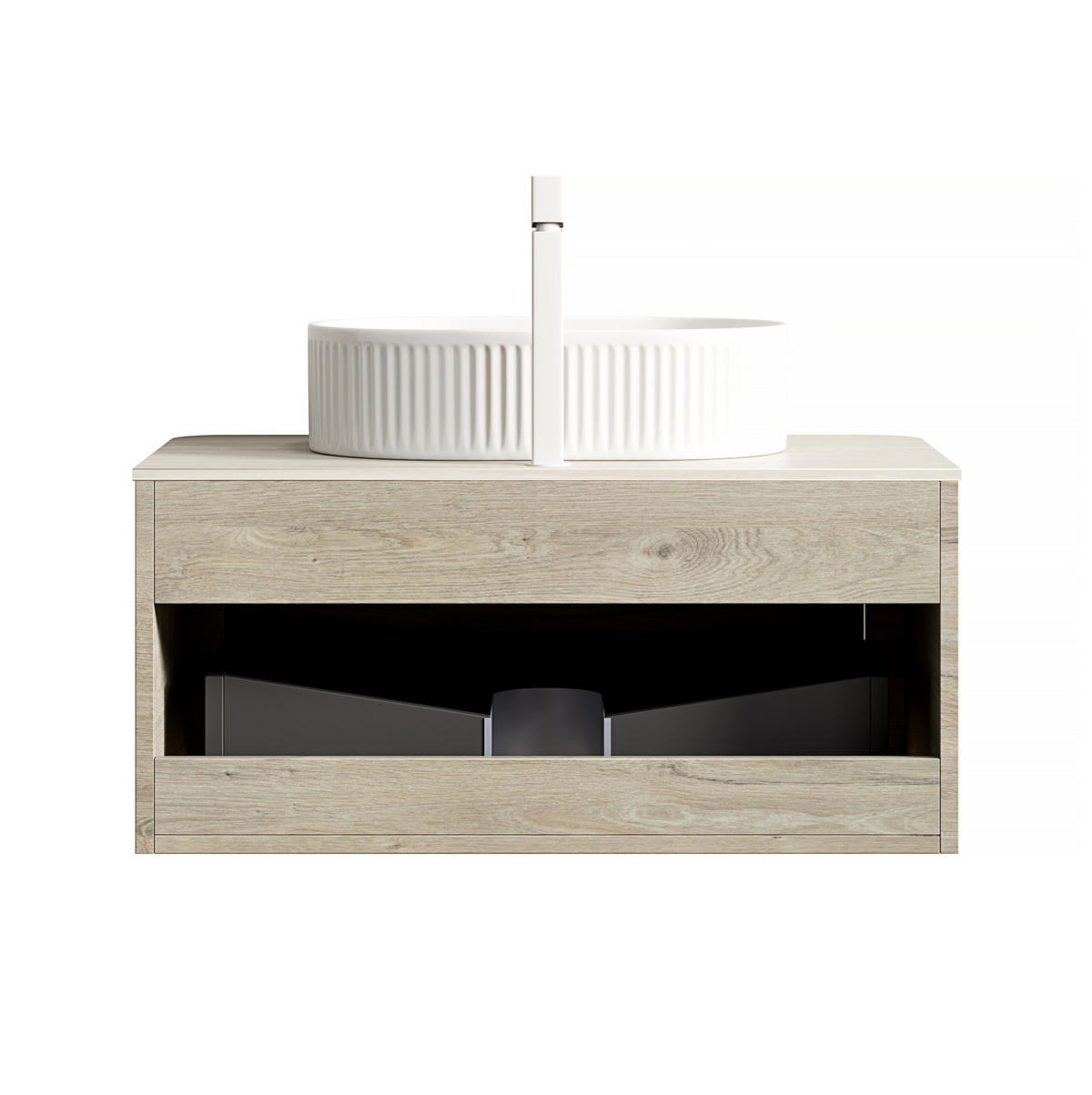 WASCHTISCHUNTERSCHRANK 80x46x50.2cm Beige/Weiß mit ovalem Keramikbecken & Travertin-Arbeitsplatte - Creme, Keramik (80/50.2/46cm) - Modfu