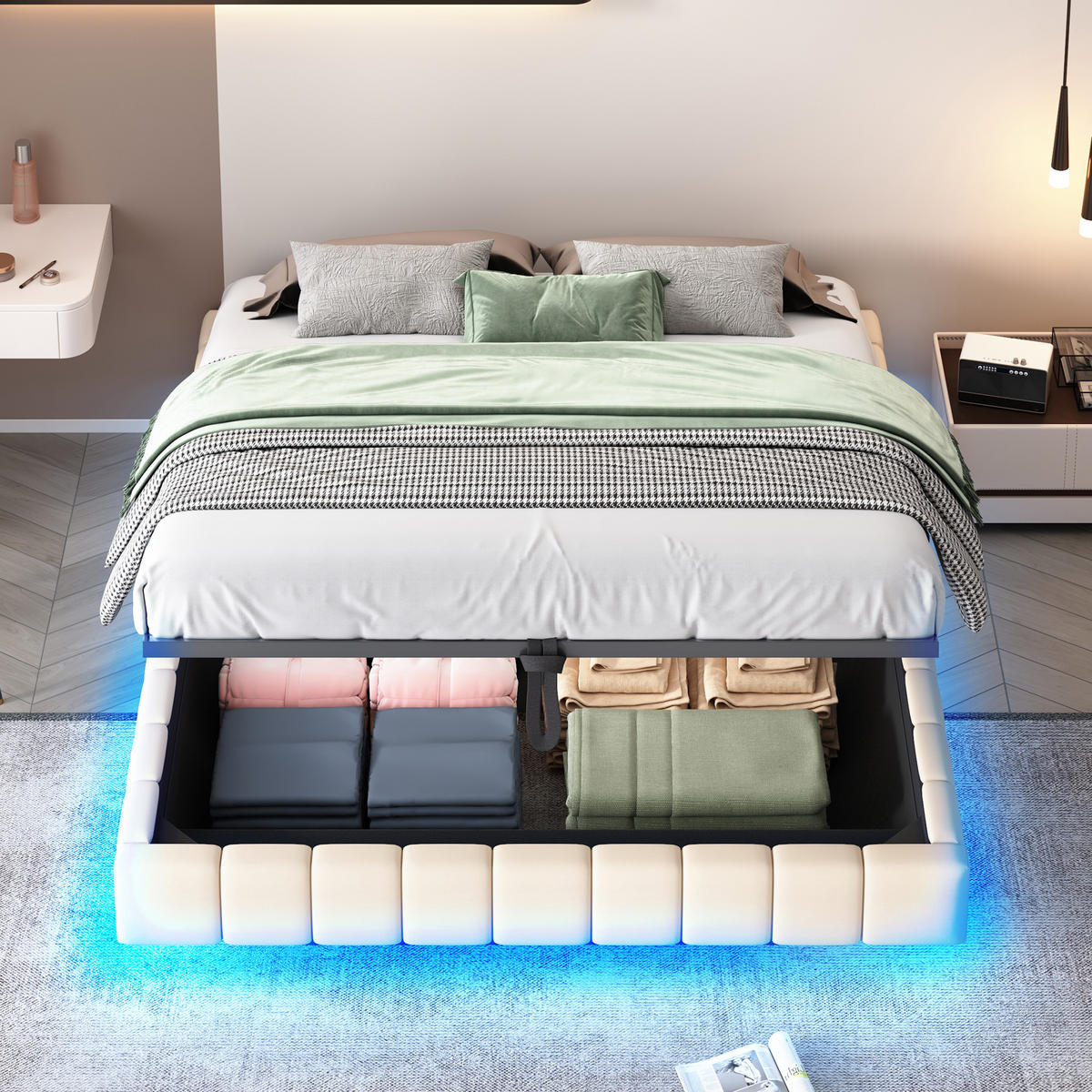 POLSTERBETT 160/200 cm Beige mit Stauraum und LED-Beleuchtung - Beige, Textil (160/200cm) - OKWISH