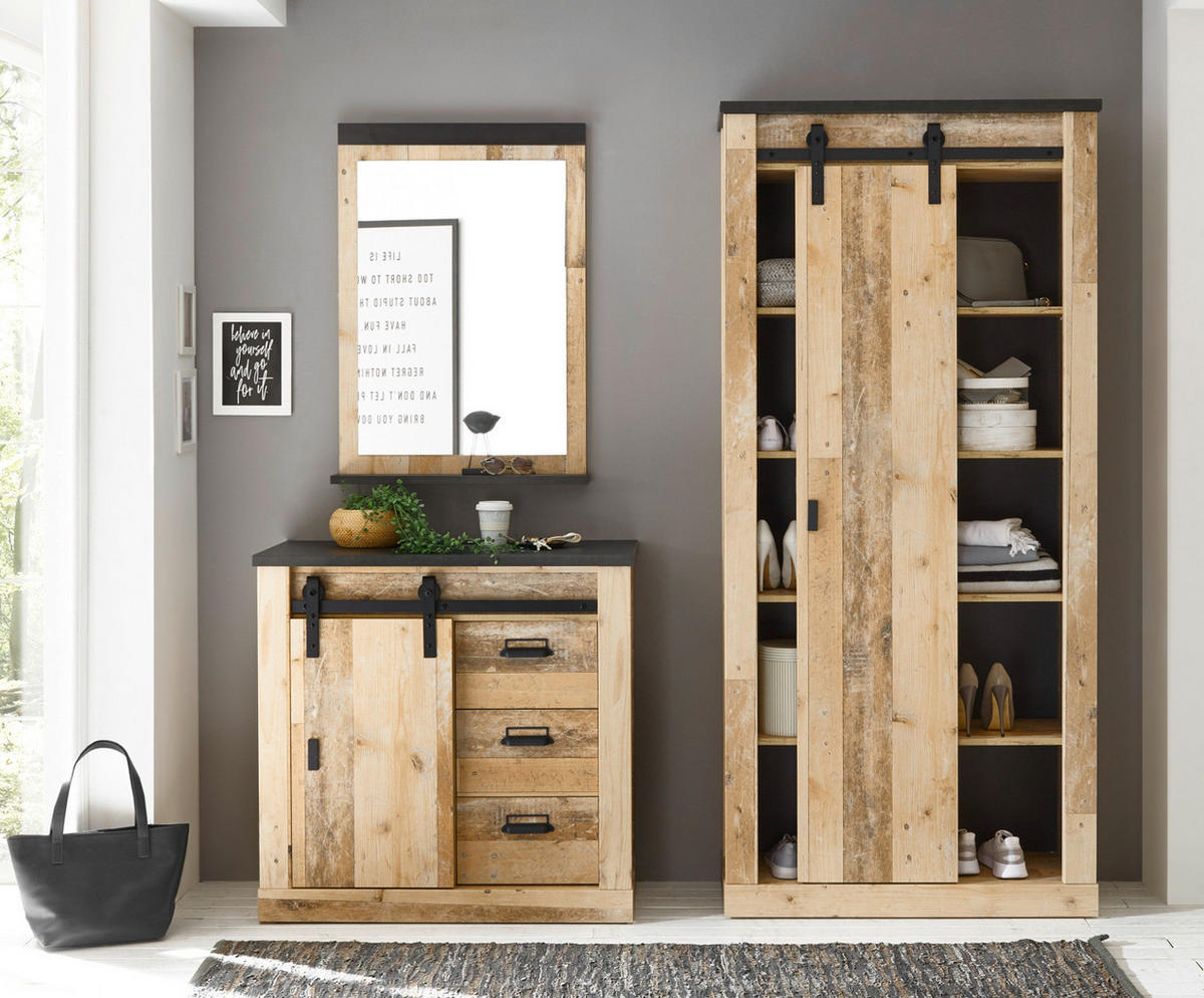 GARDEROBE Set 3-tlg. Used Wood Vintage mit großem Schuhschrank, Soft-Close - Anthrazit/Schwarz, Holzwerkstoff/Metall (206/201/43cm) - Furn.Design