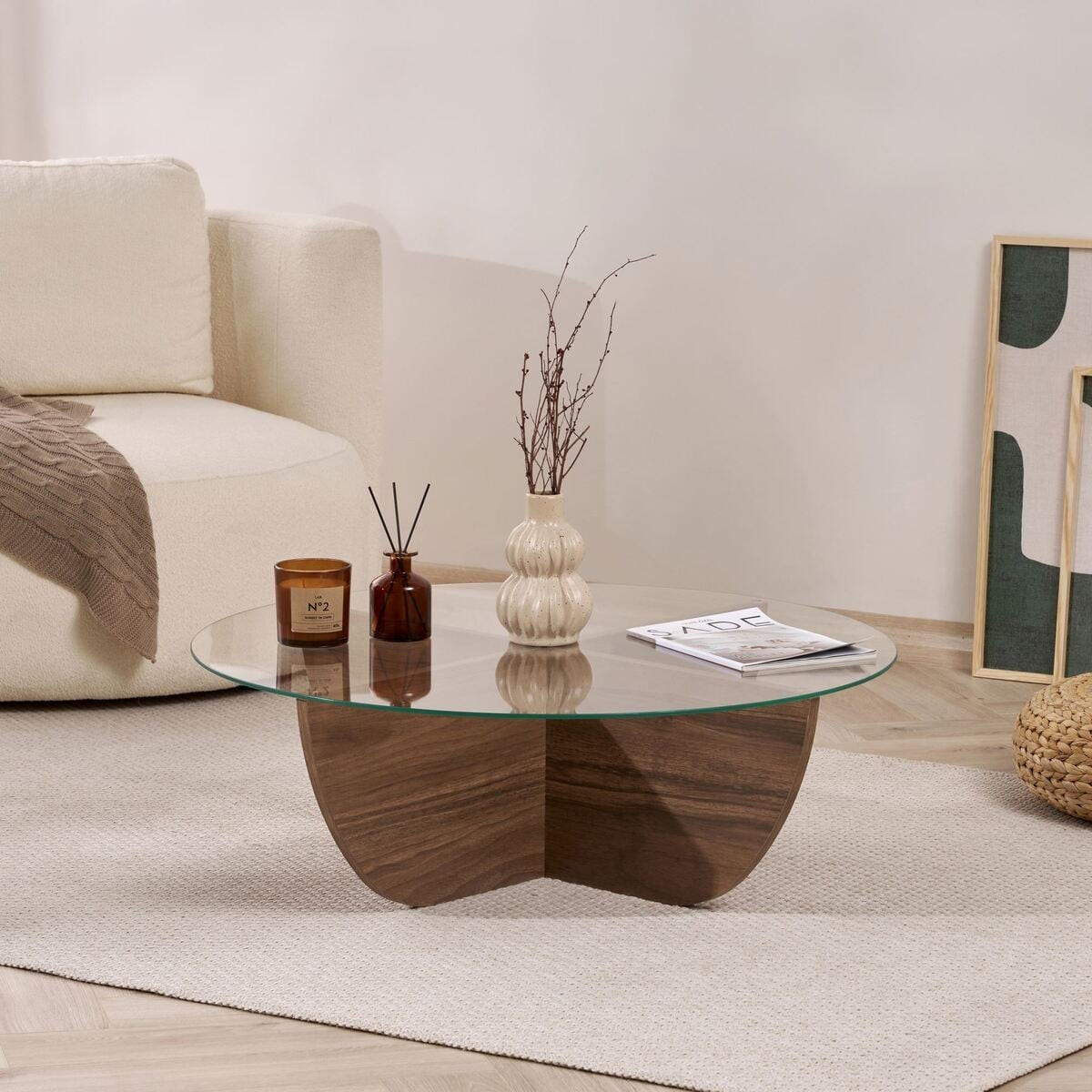 COUCHTISCH mit Glasplatte Nina 90/90/30 cm - Naturfarben, Holzwerkstoff (98/90/30cm) - Calicosy