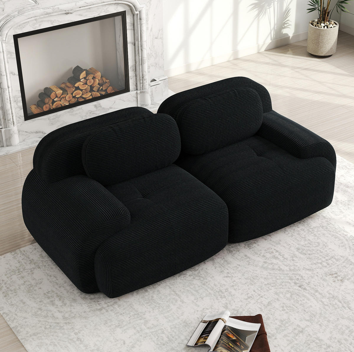 MODULARES Ecksofa rahmenlos mit geschwungenen Armlehnen und rutschfester Unterseite, Schwarz - Schwarz, Textil (208/103cm) - Redom