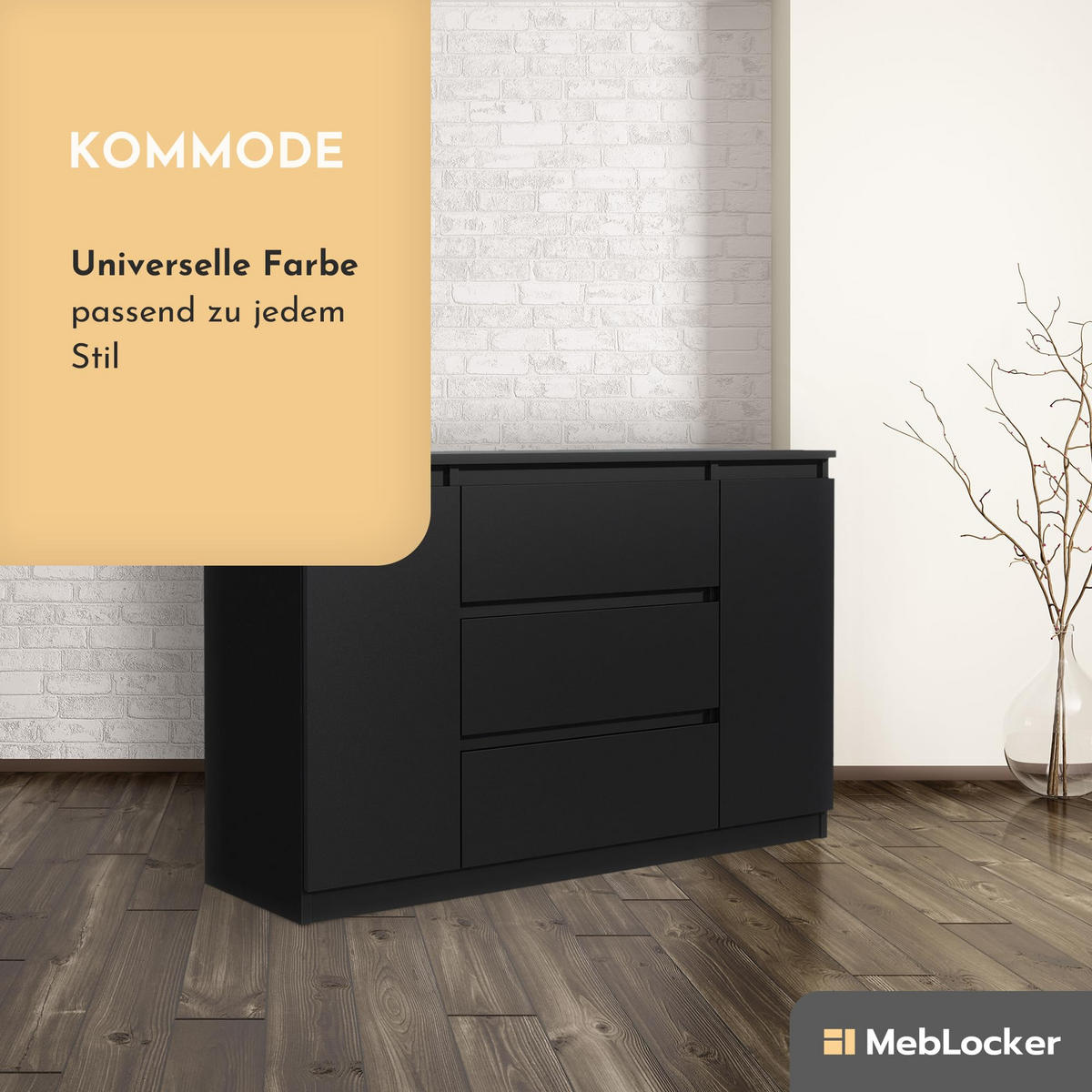 KOMMODE mit 3 Schubladen 2 Schranktüren 140 cm Schwarz - Schwarz, Holzwerkstoff (140/39/78.2cm) - MebLocker