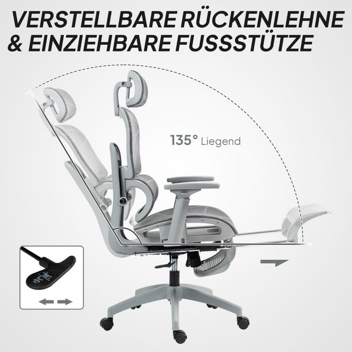 DREHSTUHL 66/64/114-122 cm in Grau mit Netzstoff und Liegefunktion - Grau, Kunststoff (64/122/66cm) - Flora Grace