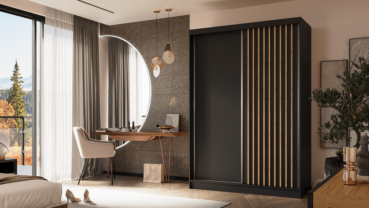 KLEIDERSCHRANK mit furnierten Schiebetüren und Aluminium-Leisten, LED-Beleuchtung - LABELO - 150 cm Schwarz+Schwarz+Artisan - Schwarz/Eiche Artisan, Holzwerkstoff (150/216/61cm) - ALTDECOR