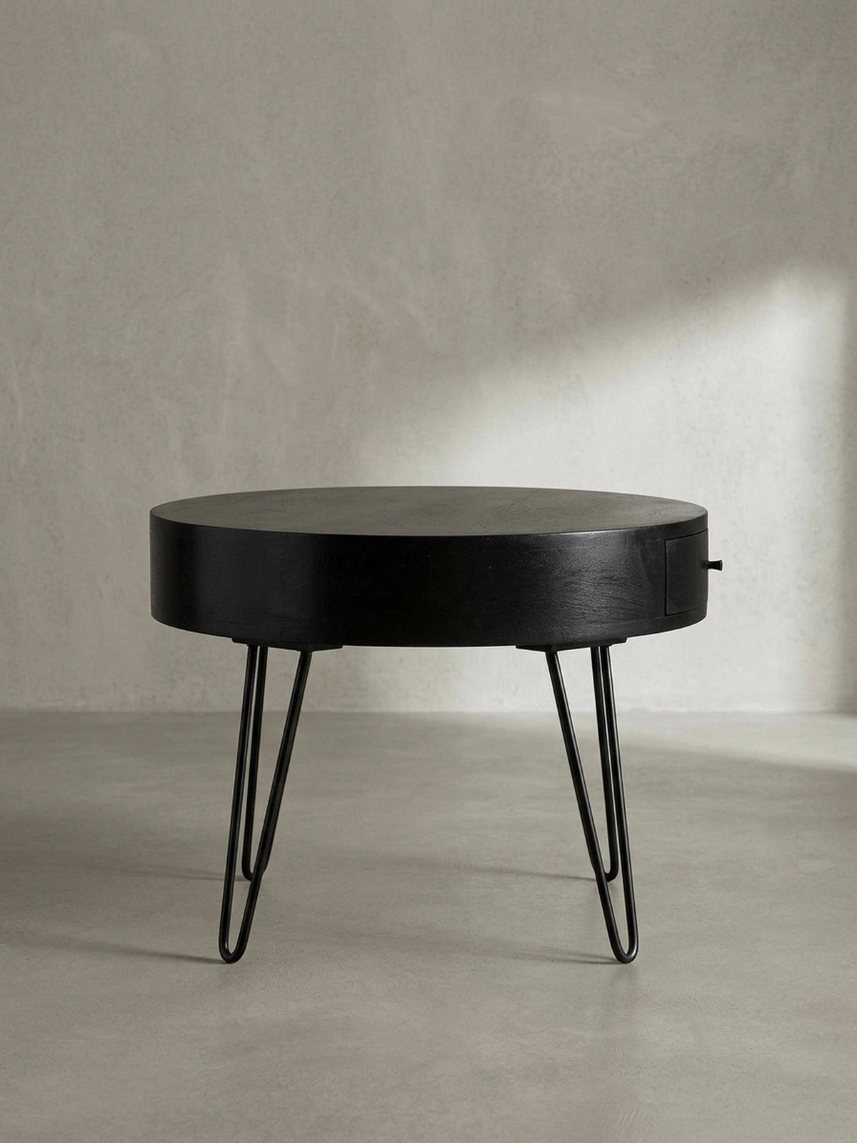 COUCHTISCH Rund Mango Massivholz Metall, 60x60x43 cm, mit Schublade, Stauraum und Haarnadelbeinen - Schwarz, Holz/Metall (60/60/43cm) - KADIMA DESIGN