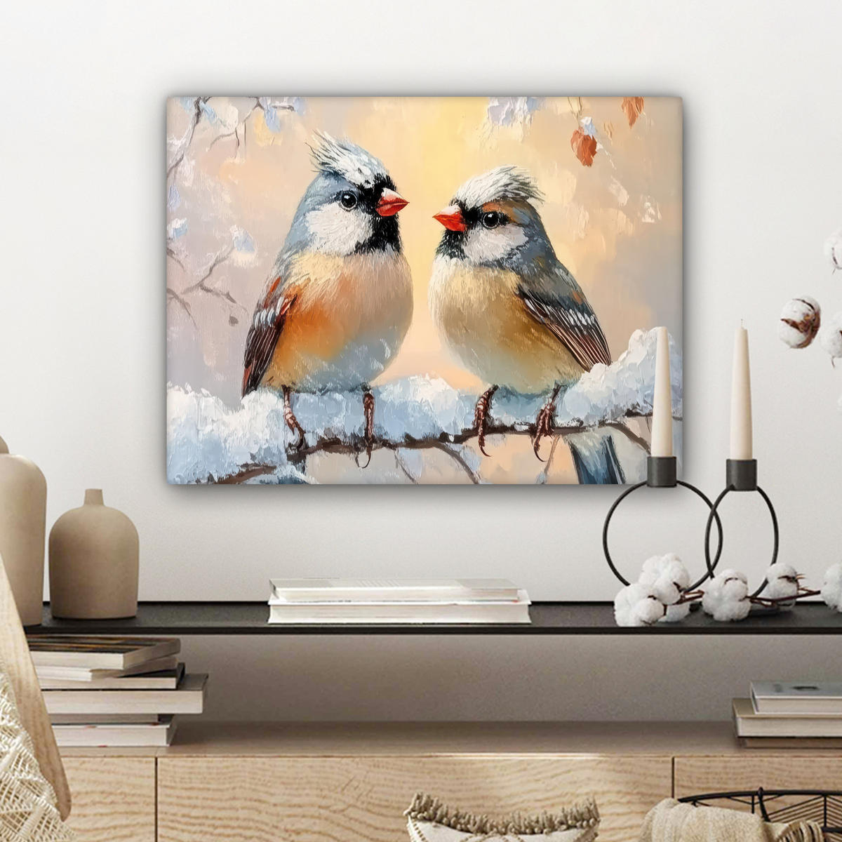 LEINWANDBILD Vögel - Zweig - Winter - Schnee 40x30 cm - Pastellblau, Textil (40/30cm) - MuchoWow