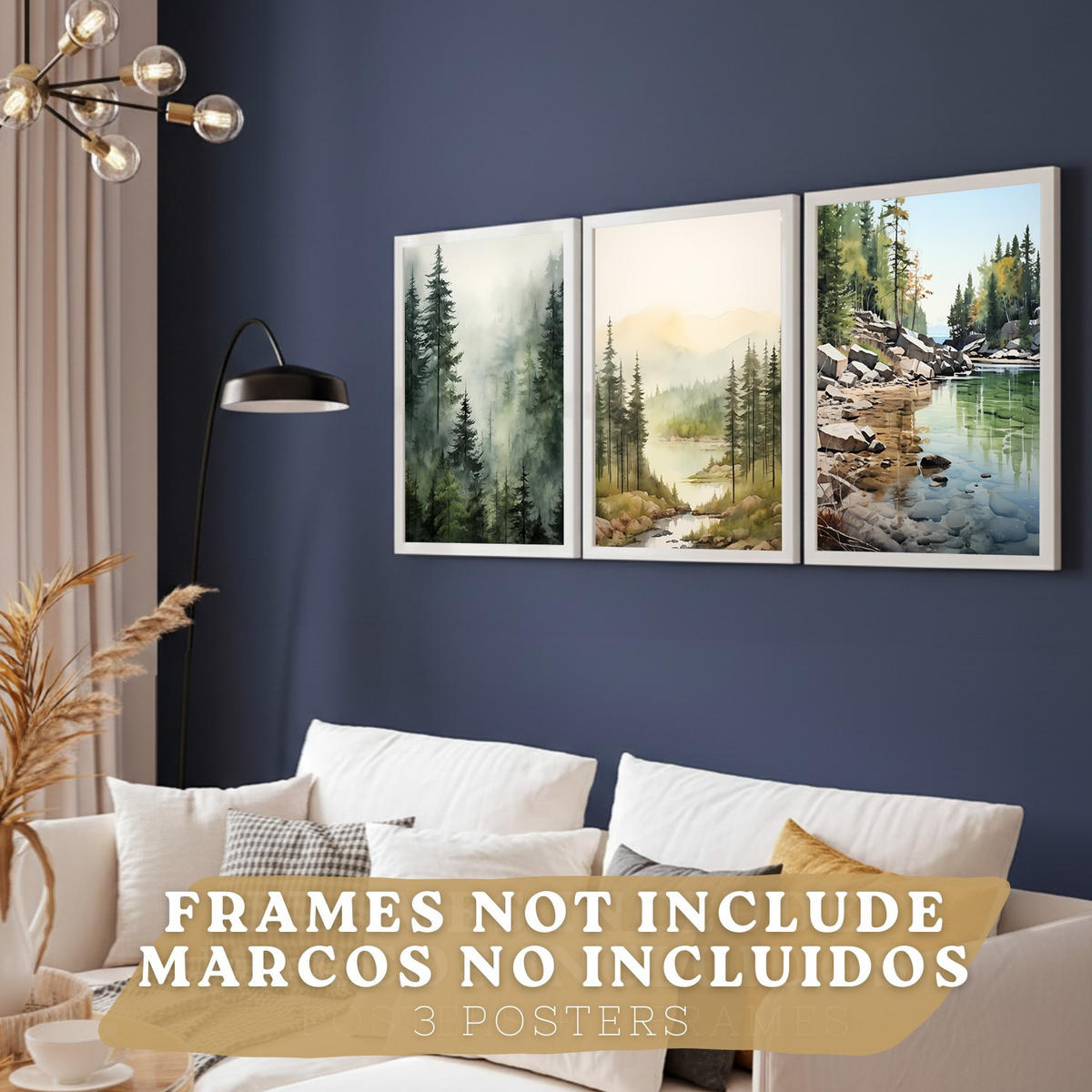 PLAKAT Sada 3 dekorativních tisků Nordic Landscape Moderní obývací Obrázky - zelené a hnědé dekorativní plakáty Dekorace Obývací A3 bez rámu - čirá, papír (29.7/42/3cm) - Nacnic