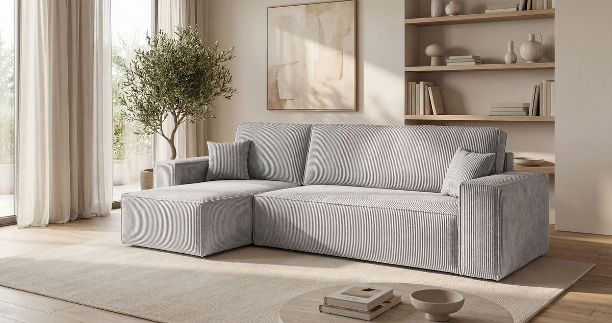 ROHOVÁ pohovka CALIFORNIA MINI levá šedá manšestr Poso 55 - funkce spaní, úložný prostor - šedá, textil (245/140cm) - Cornero