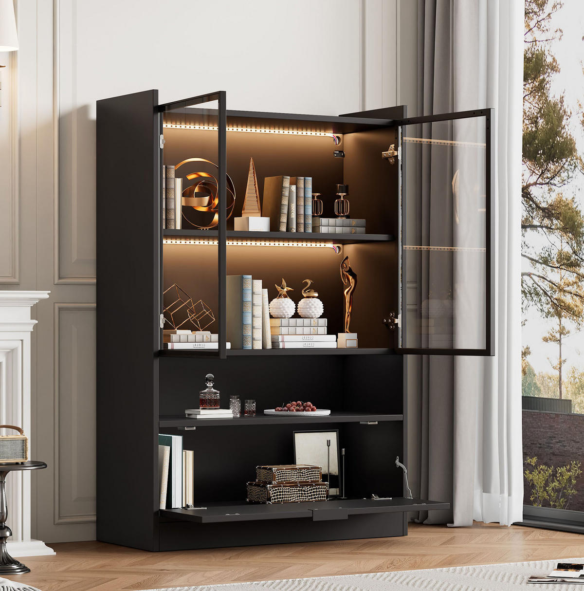 VITRINE 80/35/120 cm aus Spanplatte mit LED-Beleuchtung Schwarz - Schwarz, Holzwerkstoff (80/120/35cm) - Modenvie