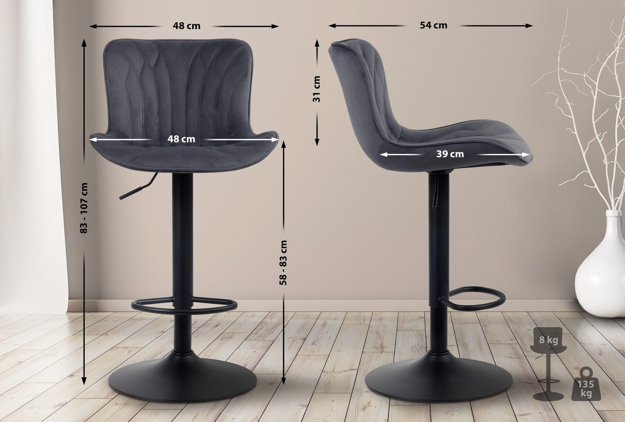 BARHOCKER 2er Set Samt schwarz - Schwarz, Textil/Metall (48/83/54cm) - CLP