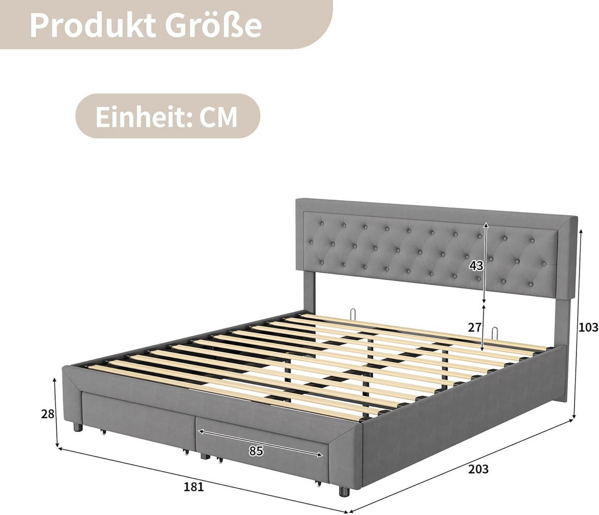 POLSTERBETT 180x200 cm Stauraum 2 Schubladen Lattenrost Samt grau - Grau, Holz (180/200cm) - LEBENLANG