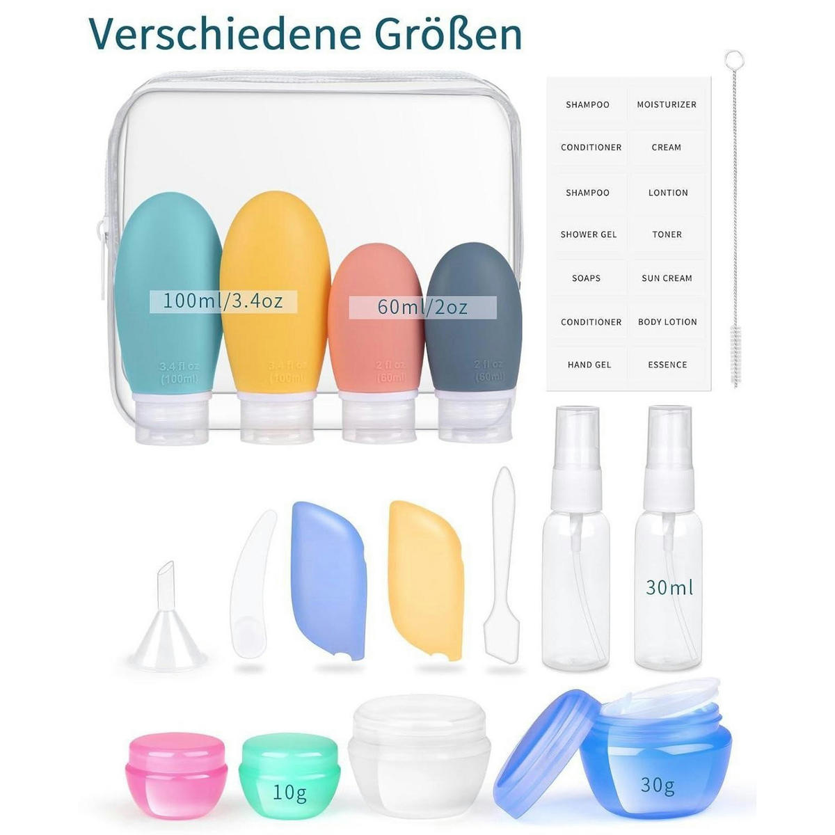 REISEFLASCHEN Set 18-teilig Silikon TSA-zugelassen BPA-frei - Multicolor, Kunststoff (6/3/10cm)