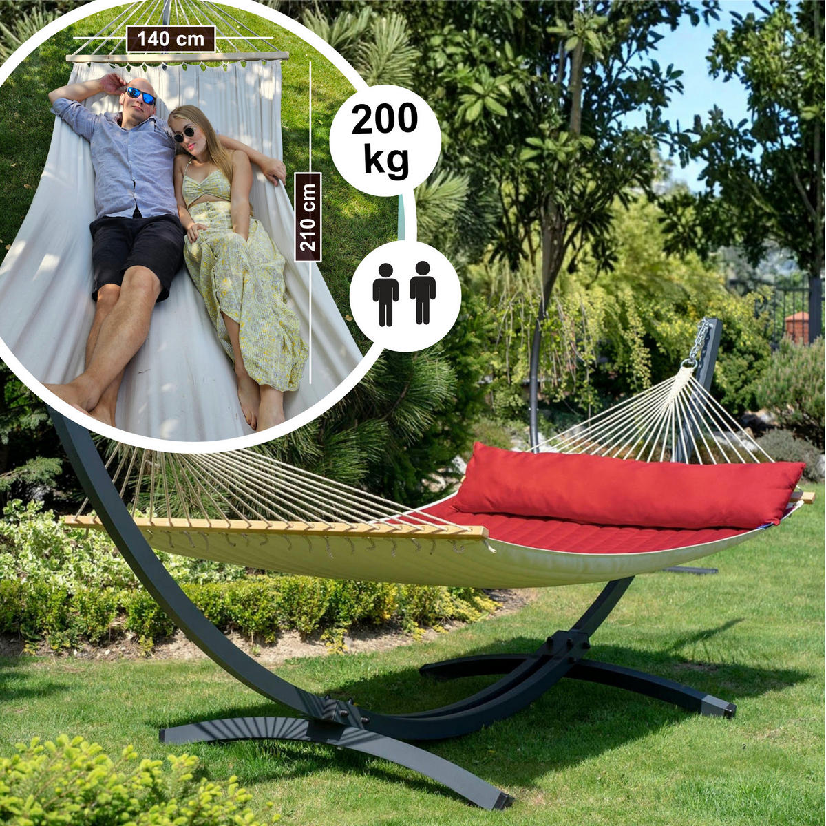 HÄNGEMATTE mit Gestell, 2 Personen, Stabhängematte, XXL, 200 kg, Metall,Rot , einfache Montage - Rot, Metall (370/130/120cm) - Potenza