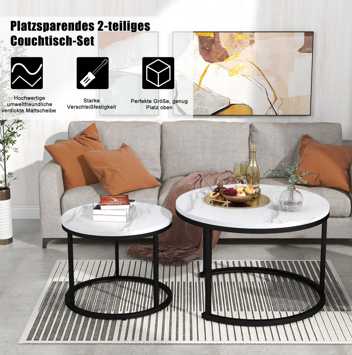 COUCHTISCH aus MDF 50x71x71 & 46x46x44 cm in Weiß Marmoroptik im 2er Set - Weiß, Holzwerkstoff (71/71/50cm) - Modfu