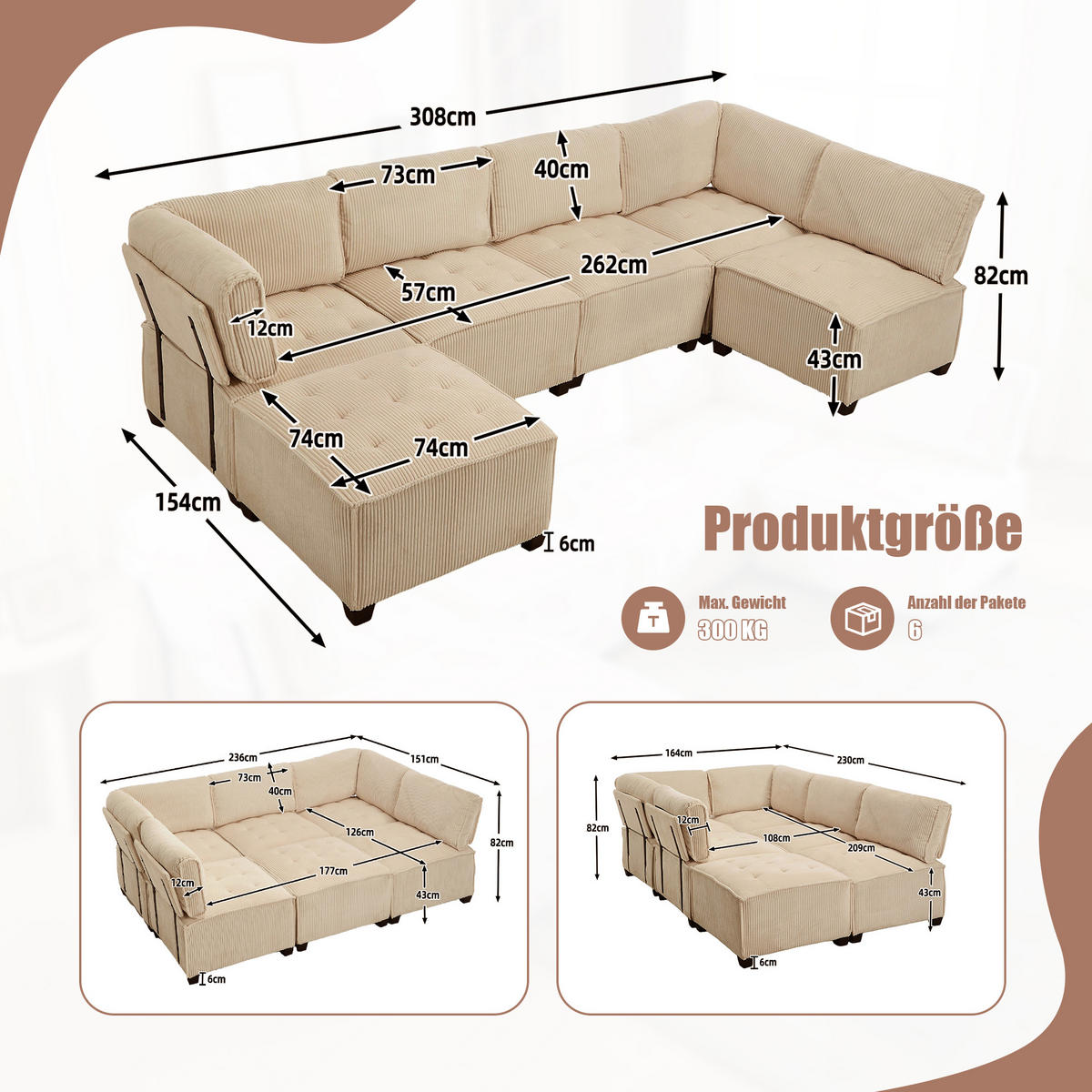 MODULARES 6-Sitzer Sofa Cord mit Seitentaschen und Schlaffunktion 308/154/82 cm Sandfarben - Sandfarben, Kunststoff/Textil (154/82/308cm) - Redom