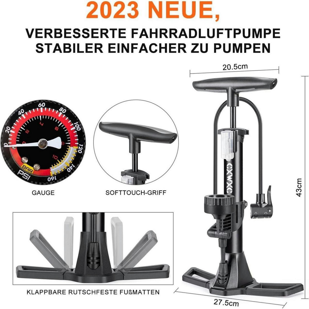 FAHRRADPUMPE mit Manometer für alle Ventile - Schwarz, Metall (8.2/44/21cm)