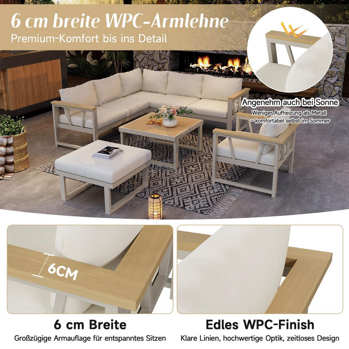 GARTENMÖBELSET Eckstellung Khaki Beige 4-tlg. - Beige, Metall - ComfortXL