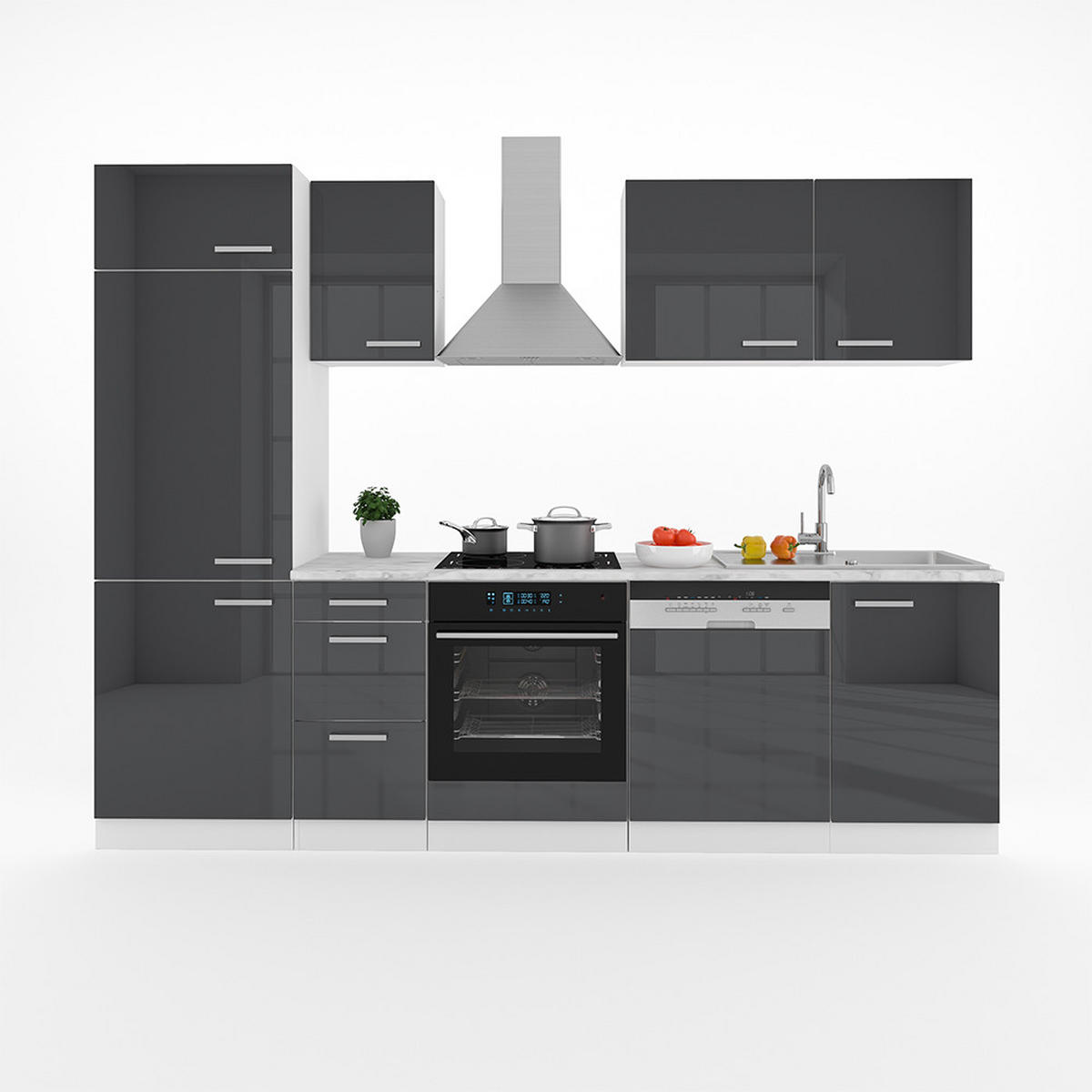 KÜCHENZEILE Optima Anthrazit Hochglanz/Weiß 270 cm ohne AP - Anthrazit/Weiß, Holzwerkstoff (270/81.6/57.1cm) - Vicco