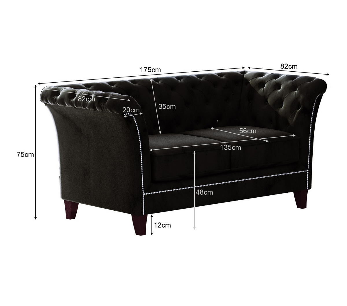 SITZGARNITUR 3+2+1 Chesterfield Fusion Schwarz Samt - Schwarz/Braun, Holz/Textil (237/75/82cm) - S-Style Möbel