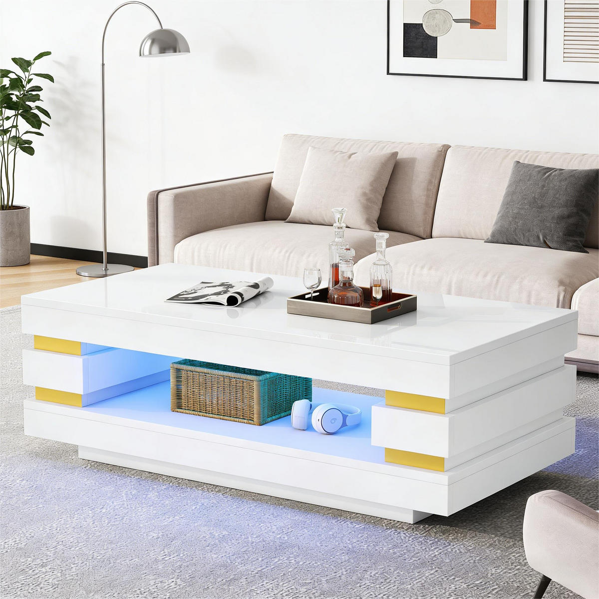 COUCHTISCH 100/50/35 cm weiß aus Spanplatte mit LED-Beleuchtung und offenem Stauraum - Weiß, Holzwerkstoff (100/50/35cm) - OKWISH