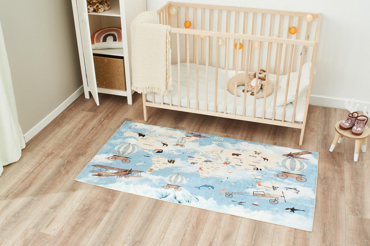 KINDERTEPPICH mit Weltkartenmotiv Happy 80x150 cm - Blau, Textil (80/150cm) - Nazar Rugs