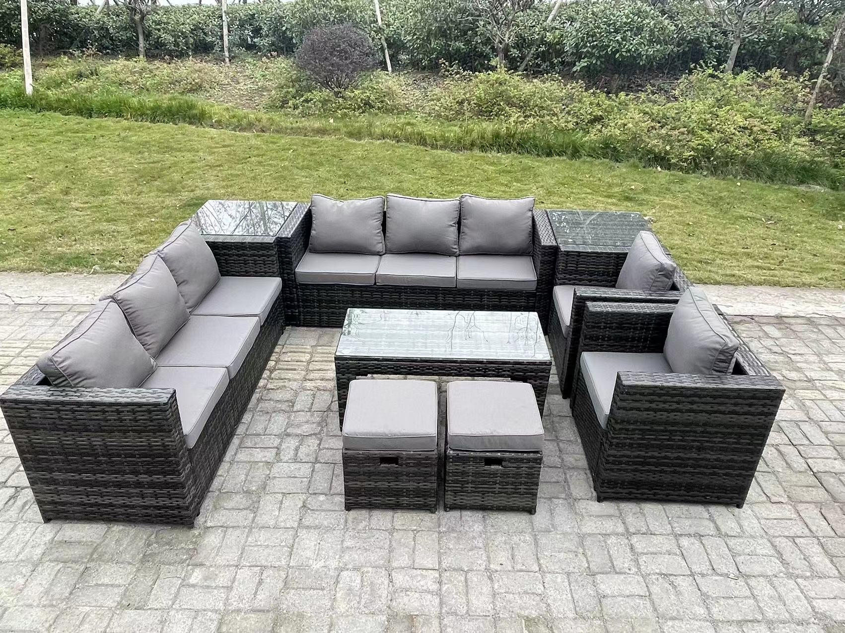 GARTENMÖBELSET mit Couchtisch Polyrattan 10-Sitzer - Dunkelgrau/Grau, Glas/Kunststoff - Fimous