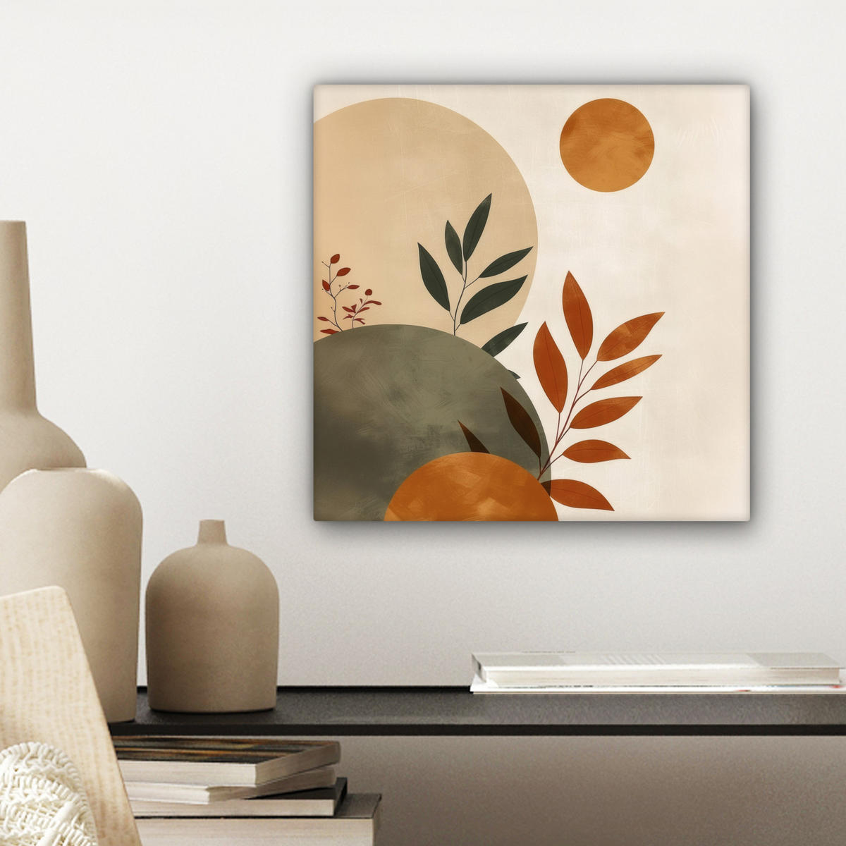 LEINWANDBILD Formen - Rund - Blätter - Beige Deko Wohnzimmer 20x20 cm - Rostfarben, Textil (20/20cm) - MuchoWow