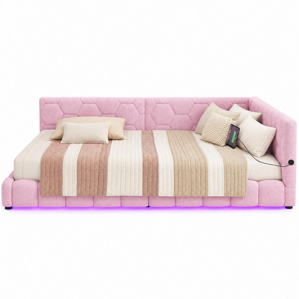 SCHLAFSOFA 140/200 cm in Rosa mit LED, USB und Type-C - Rosa, Holzwerkstoff/Textil (140/200cm) - CHICFURN