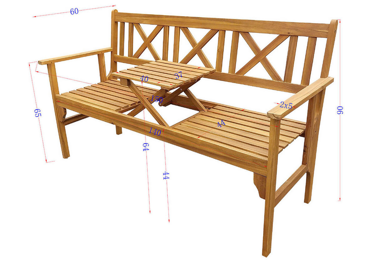 GARTENBANK MIT AUSKLAPPBAREM TISCH - Akazie massiv - Braun - Braun, Holz (150/90/60cm) - home24