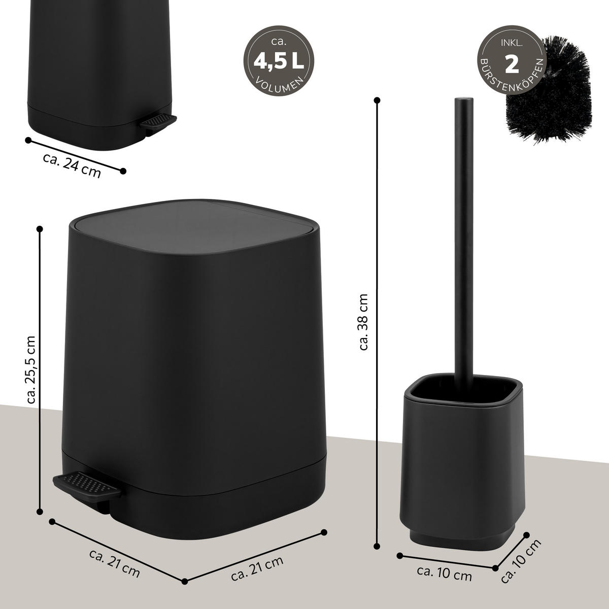 BAD-ACCESSOIRES-SET VALONA 2tlg., schwarz, Kunststoff - Schwarz, Kunststoff (21/25.5/21cm) - eluno