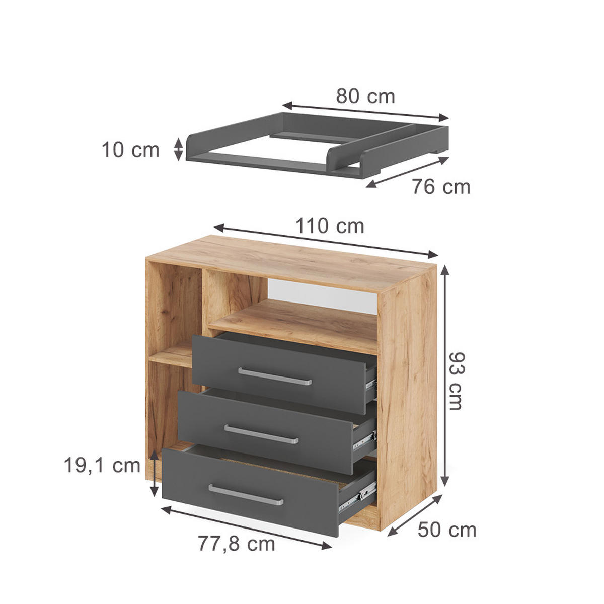 PREVIJALNA OMARA Olina, Zlati hrast z močjo/Antracit, 110 x 93 cm - medeni hrast/antracit, leseni material (110/93/50cm) - Vicco