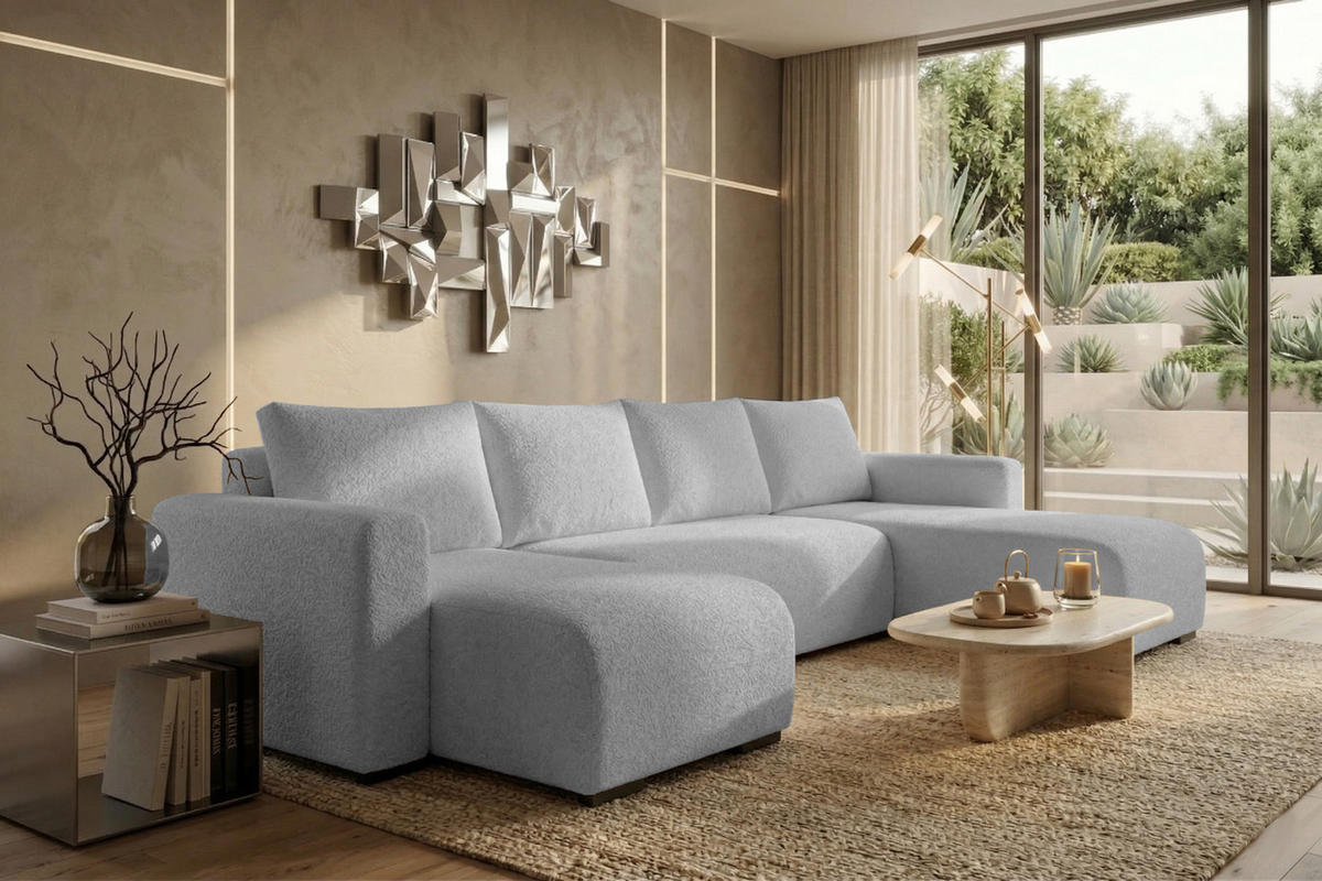 WOHNLANDSCHAFT DORA U mit Bettkasten und Schlaffunktion, U-Form, bequem - Grau, Textil (305/85/140cm) - Storez24