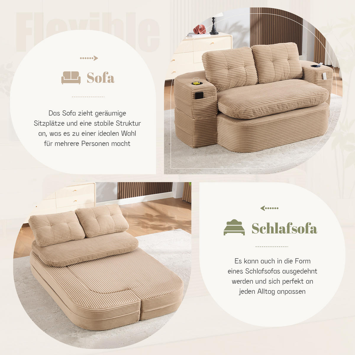 SOFA mit Liegefunktion, Getränkehaltern und verstellbaren Armlehnen in Khaki - Taupe, Textil (165/61/97cm) - EVRYAE