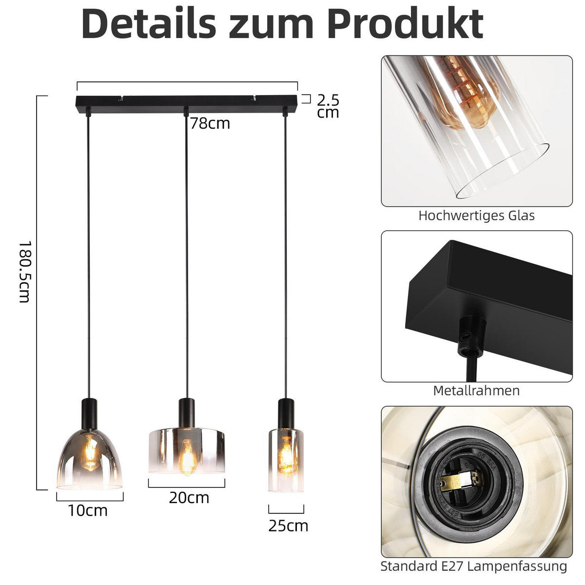 HÄNGELEUCHTE Marsicano 55/5/180.5 cm - Schwarz, Metall (5/55/180.5cm) - Nettlife
