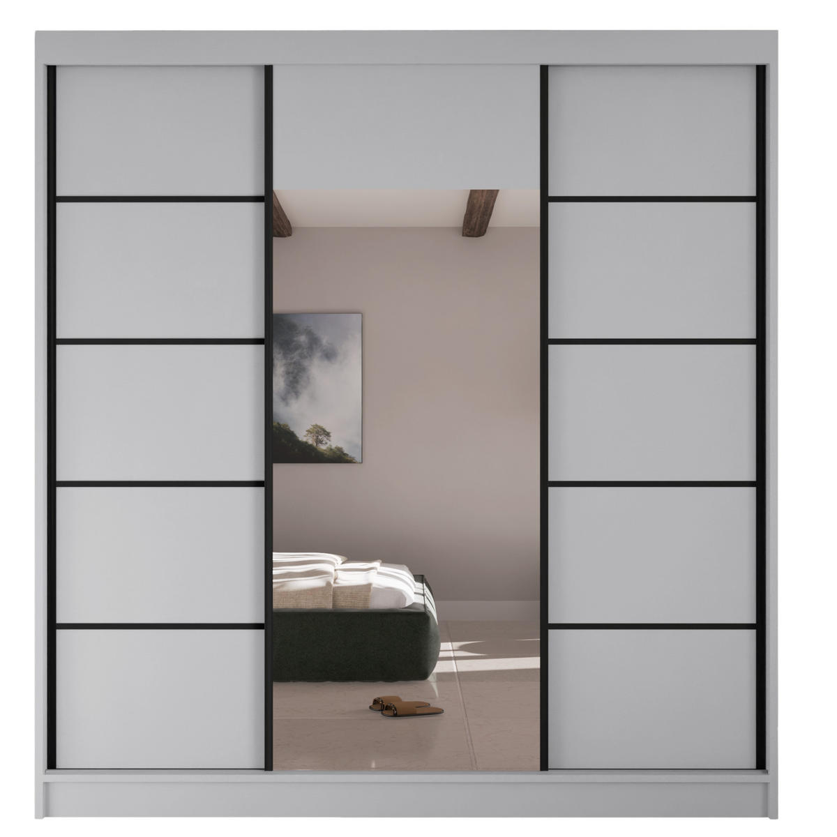 SCHWEBETÜRENSCHRANK Moni mit Spiegel und Zierleisten, 215x200x61cm, Weiß+Schwarz - Schwarz/Weiß, Holzwerkstoff (200/215/61cm) - AN-Moebel 4u