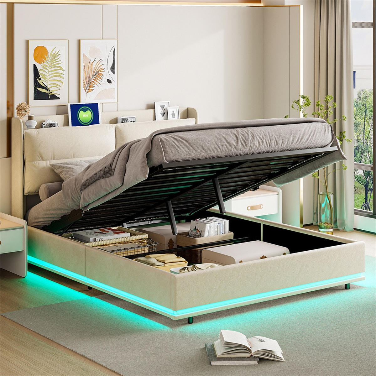 POLSTERBETT 140x200 cm - mit LED & Ladefunktion und hydraulischem Bettkasten - ohne Matratze - Off-White - Creme, Textil (140/200cm) - DELFA