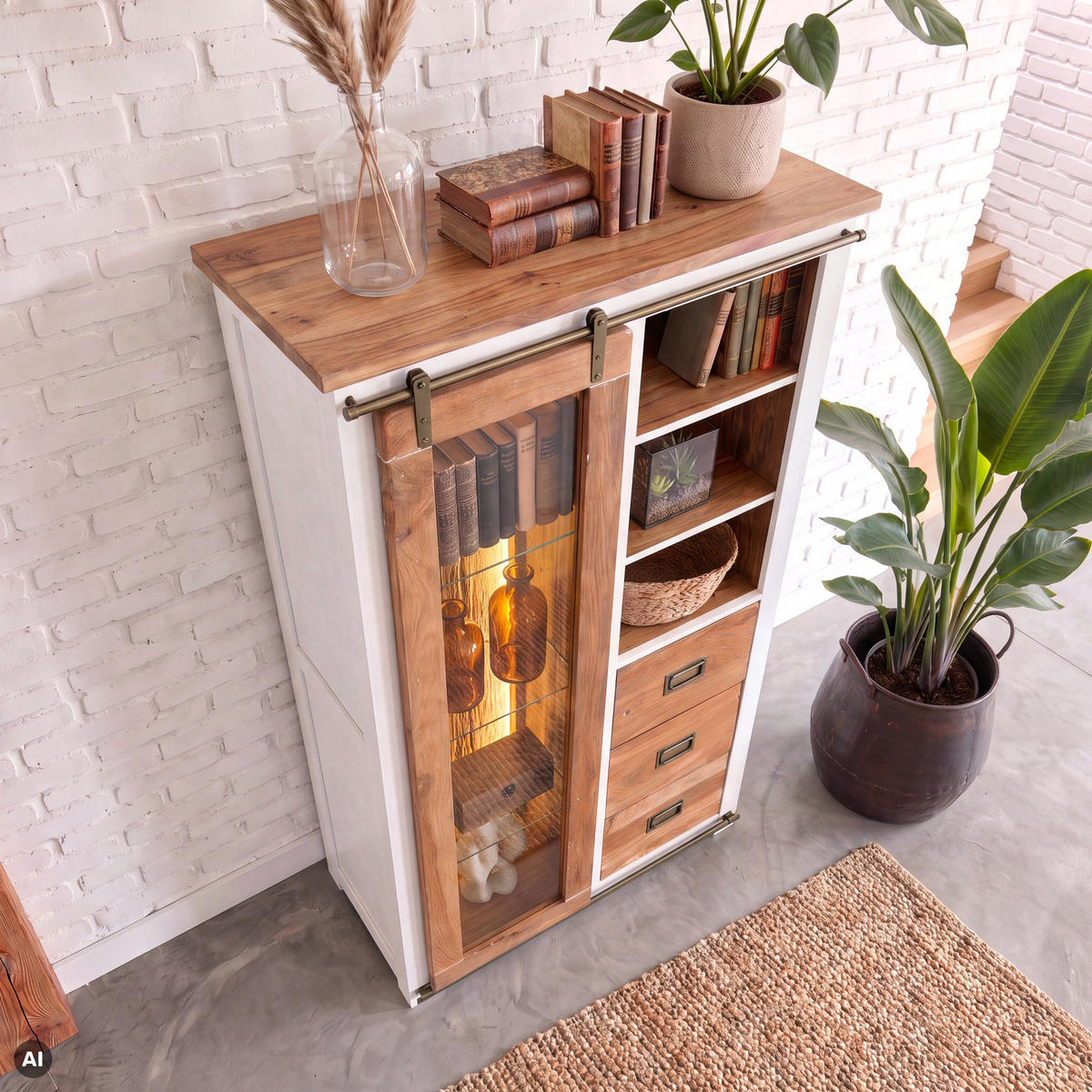 VITRINE Mango / Altholz 100x45x175 weiß lackiert RAILWAY LUX #525 - Weiß, Holz (100/175/45cm) - Massivmoebel24