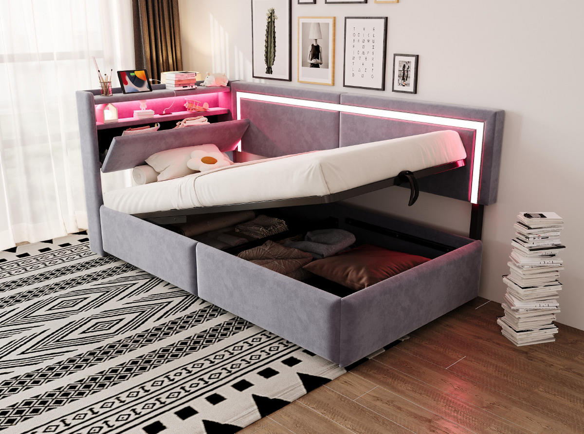 POLSTERBETT 90/200 cm Hellgrau aus Samt mit Stauraum und LED-Beleuchtung - Hellgrau, Textil (90/200cm) - OKMYHOME