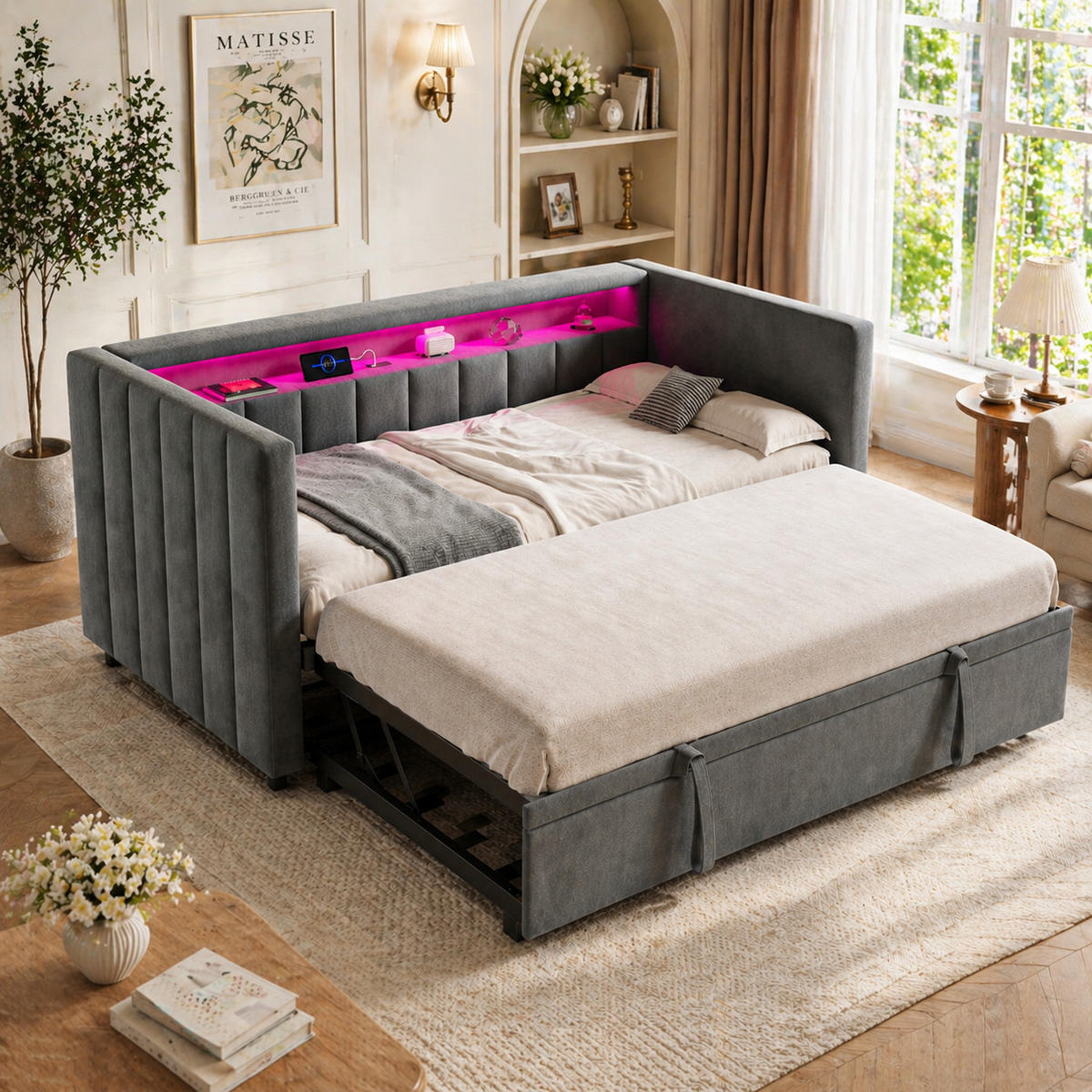SCHLAFSOFA Dunkelgrau aus Samt mit ausziehbarem Bett, LED-Beleuchtung und USB-Type-C Ladeanschlüssen - Dunkelgrau, Textil (100/73/201cm) - Luhomfu